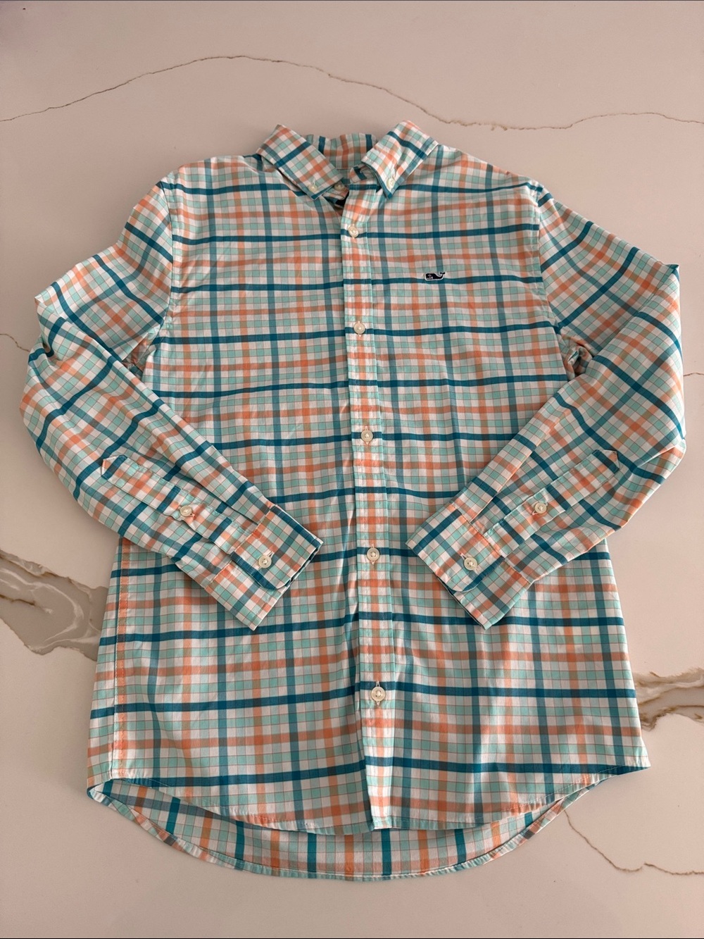 Vineyard Vines Boys Plaid Button-Down Shirt - Teal & Orange & White